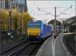 koln-hbf Farblich hebt sich die E-Lok 185 515-4 aus der Masse der roten Z�ge hervor. Bild aufgenommen im Hauptbahnhof von K�ln am 08.11.08. (Jeanny) 