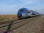 x-73500--73900-a-ter Dreifachtraktion von Dieseltriebwagen der Reihe X73500 unter Fahrdraht auf der els�ssischen Hauptbahn.
SNCF X73516+73573+73551 fahren als TER32303 von Strasbourg nach Mulhouse.
11.10.2008 bei Lipsheim