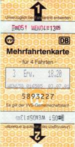 Fahrkarten Wendlingen, am Automaten gel�ste Mehrfahrtenkarte �ber 3.Zonen bei der VVS aus dem Jahre 2001 (Originalbeleg eingescannt)
