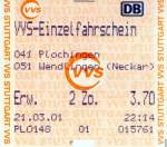 Fahrkarten Plochingen, am Automaten gel�ster Einzelfahrschein 2.Zonen bei der VVS aus dem Jahre 2001 (Originalbeleg eingescannt)