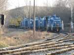 PRESS Eisenbahn-Bau- und Betriebsgesellschaft Pressnitztalbahn mbH Im diesigen Morgenlicht, eine DB-V60, 3 Ex-DR-V100 und ein Kirow-Kran in Espenhain, 26.12.08