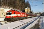 semmeringbahn EM-Lok 1116 005 �sterreich f�hrt mit EZ 1953 'Wiener Alpen' von Bratislava nach M�rzzuschlag.
Semmering 28.12.2008