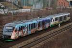 Vogtlandbahn 'Kommt mit - Wir zeigen euch unser Vogtland'. Dieser Aufforderung nachzukommen war uns w�hrend des Bahnbilder-Treffens leider nicht m�glich. Einer der beiden Werbe-Desiro der Vogtlandbahn als Zweitfahrzeug unterwegs Richtung Schwandorf. (14.03.09).