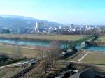 Eisenbahnbr�cke �ber den Rhein mit Blick in die Schweiz, bzw. ...