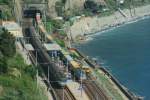 E 656 Ein langanhaltener, lauter Pfiff und E655 272 rauscht mit einem Containerzug an der Plattform 3, die �berf�llt mit unkonzentreiten Leuten ist, vorbei. Eine Szene, die angstergreifend ist! An Plattform 2 steht E656 560 mit dem Regionalzug nach Torino; Cornigla, 02.05.2009