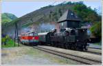 br-629 R�ckfahrt des Dampfsonderzuges R 16259 von Aggsbach Markt nach Wien, aufgenommen am 19.4.2009 bei der Einfahrt in Spitz an der Donau.