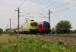 1x16-werbeloks Treffen bei 2x200kmh: Telekom Lok 1116 033 mit IC747 Kopf an Kopf mit RC60 am 24. Mai 2009 zwischen H�rsching und Oftering.