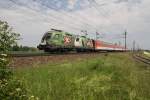1x16-werbeloks Wieder ein bunte Bespannung des EC101 mit 116 264 aufgenommen am 24. Mai 2009 bei H�rsching.