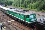 BR 232 mit Zugen 50 3616-5 rangiert mit dem Museumszug und der Wismut V 300 005 am 23.05.09 im Eisenbahnmuseum Schwarzenberg. Fotografiert aus dem Museumsstellwerk des VSE.