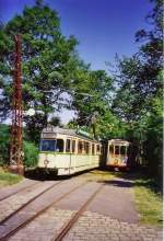 Bergisches Strasenbahnmuseum Die beiden Triebwagen 275 und 107 in der Station Greuel, der derzeitigen Bergstation der Strecke. Endpunkt wird dann die Station M�schenborn sein.
Pfingsten 2009.
