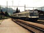 rm-regionalverkehr-mittelland 974/733 mit Zug 2324 Spiez-Zweisimmen auf Bahnhof Zweisimmen am 28-07-1995. Bild und scan: Date Jan de Vries.
