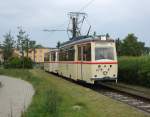 Triebwagen46(LOWA-Wagen)mit Beiwagen156(LOWA-Wagen)der Nahverkehrsfreunde Rostock steht in H�he Haltestelle Rostock-Marienehe.Aufgenommen am ...