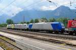 br-185-private 182 510, 185 539 und 185 514 durften am 20. Juni 2009 den DGS 43101 bespannen, wobei die beiden letzt genannten Loks dieses Mal am 'Inn-Tal-Star' nur kalt mitliefen. Aufgenommen in Vorbeifahrt zu Brixlegg.