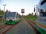 Vogtlandbahn VT42 als VBG83132 (links) und VT33 ('Karlovy Vary/Karlsbad') als VBG83131 in Zwotental, 15.7.09.