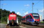 br-643-talent-db 294 878 auf dem Abstellgleis und 643 205 aus der Wende als Pendelzug nach Stolberg Altstadt (auch wenn´s aufem FIS noch n bissl anders aussieht) in Stolberg Hbf 24.7.2009