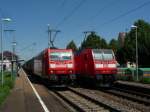 BR 185 mit Zugen 185 188-0 trifft mit ihrem Containerzug in Richtung Basel in Herbolzheim(Brsg) auf 146 111-0 mit RE 31030 Basel Bad Bf - Offenburg. 01.08.09