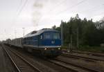 RBG Regental Bahnbetriebs-GmbH D06 der Regental Cargo mit einem Holzzug,beim verlassen des Bahnhofes Rostock Bramow am 25.07.2009.