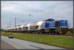 MWB Mittelweserbahn V2304 der MWB mit Zementsilos aus Mukran.  Stralsund R�gendamm am 08.07.09 