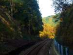 akechi-bahn Die Akechi-Bahn: Auf der Fahrt im Wagen 11. Auf und ab �ber jeden H�gelzug - typisch f�r diese sch�ne Bahn. Das Herbstlaub beginnt sich hier in den Bergen bereits zu f�rben. Zwischen Iwamura und Hanashiro, 5.November 2008. 