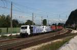Lokomotion Alle drei neuen, blauen Lokomotion Zebras an einem Zug! Am 09.09.2009 wurde der Winner von 185 661 und 662 gezogen, 663 schob nach. Aufgenommen in Brixlegg.