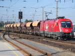 1x16-werbeloks 1116 075 'EM-Schweiz' f�hrt am sonnigen Morgen des 9.9.09 mit einem Bauzug in Wels Hbf ein