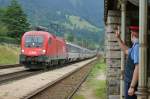 br-1116-vor-personenzugen 1116 050 bespannte am 4.8.2009 den OEC 160 'Vorarlberg' mit dem Ziel Z�rich HB, hier Aufgenommen bei der Einfahrt in Braz.