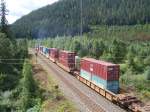 canadian-national-cn CN Containerzug N�he Blue River/British Columbia Richtung Kamloops/BC am 22.08.2008, Ausweichstelle am Thompson River (Bild 1, Blick flu�abw�rts)