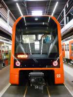 RBS Regionalverkehr Bern-Solothurn RBS - Frontansicht des NExT Triebwagen RABe 4/12 22 ausgestellt bei der RBS in der Werkst�tte Worberboden in Worb anl�sslich des Tag der offen T�r am 22.08.2009