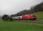 br-1216 Der Morgennnebel hat sich gerade etwas verzogen
als die 1216 016 mit einer umgeleiteten Rola
am 26.09.2009 in der Ortschaft Sch�n 
durchgerollt ist.
