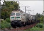 ITL Eisenbahngesellschaft mbH W232-09 vor einem Kesselwagenzug in Richtung Rostock.   Stralsund am 28.08.08 