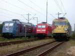 BR 101 Werbelokomotiven 101 083 Fox/Tom Cruise, 101 036 verkehrsrot und 101 069 Bayer Gartenlok am 10.09.02 in Hmb-Eidelstedt.