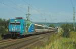 BR 101 Werbelokomotiven 101 083-4 am 13.08.2000 bei Bingen/Rhein mit EC 104 Interlaken Ost - Amsterdam CS