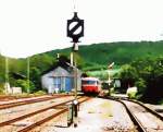 VT 95 | 96 | 98 (BR 795 | 796 | 798 | Uerdinger) Eine der letzten Ausfahrten Richtung Brandoberndorf vor der Stillegung (verfremdetes Foto), 1. H�lfte der 1980iger Jahre.
