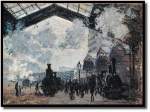 Claude-Oscar Monet La gare St-Lazare (National Gallery, London)- Die Blickrichtung ist vom Kopfende des Bahnhofs aus gesehen, entlang der Gleise auf die Br�cke Pont de l'Europe. Zu Beginn des Jahres 1877 schuf Monet in einem Ausbruch von Schaffenskraft zw�lf Bilder des Bahnhofs St-Lazare in Paris, der zu dieser Zeit Hauptausgangspunkt f�r die Z�ge in die Normandie war. Man geht davon aus, da� die Bilder vor Ort ausgef�hrt wurden.