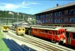 strecke-arosabahn-ch-a RhB EXTRA-GmP f�r GRAUB�NDEN TOURS 3658 von Arosa nach Chur am 31.08.1997 in Arosa mit Bernina-Triebwagen ABe 4/4I 32 - B 2247 - D� 4052I - Xk 9398 - Kkl 7052 - E 6623. Hinweis: Beengte Bahnanlage mit Hochbetrieb.
