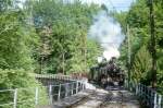 Blonay-Chamby BC Museumsbahn DAMPFG�TERZUG 325 von Blonay nach Weiche (Chaulin) am 19.05.1997 auf Baye le Clarens - Viadukt mit Zahnraddampflok exBFD HG 3/4 3 - exCEG FZ 36 - exMOB Ek 612 - exMOB Ek 608 - exGFM Rkmo 904
