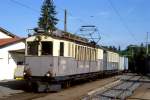 Blonay-Chamby BC Museumsbahn stilreiner EXTRAZUG 1025 von Blonay nach Chamby am 19.05.1997 in Blonay mit Triebwagen exLLB ABFe 2/4 10 - exLLB AB4 22 - exLLB K� 40 - exLLB K� 41. Hinweis: LLB = Leuk-Leukerbad-Bahn
