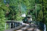 Blonay-Chamby BC Museumsbahn-Dampfzug 425 von Ende Baye de Clarens-Viadukt nach Weiche Chaukin am 19.05.1997 auf Baye de Clarens-Viadukt mit exTN C4 121 - Dampflok exFP G 2/2 4.
