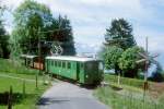Blonay-Chamby BC Museumsbahn Extra-GmP 1130 von (Chaulin)-Weiche nach Blonay am 19.05.1997 bei Cornaux mit Triebwagen GFM Be 4/4 111 - exMOB Ek 612 - exCEG FZ 36 - exCEG C 230.
