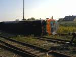 doppelstock-steuerwagen-ex-dr Steuerwagen der ausgedienten Bauart 777 nach einer Katastrophenschutz�bung im ehemaligen G�terbahnhof von Nauen