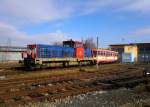 714 216-9 in HBf. Kladno am 27.2.2015. Foto aus dem Zug geholt.