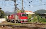 Am 6.9.2021 war auch die CD Museumslok 750338-6, noch mit Stern auf der Front, im Einsatz.
Um 15.40 Uhr kam sie über die Elbebrücke und fuhr in den Bahnhof Decin Hlavni Nadrazi ein. Die Zuglast bestand aus einer angehängten Diesellok und einem Kesselwagen.