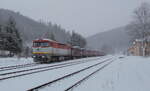 kräftiger Schneefall herrschte am 11.3.2023 in Rotava nahe Kraslice als die ZSSK 751 109 mit leeren Eas auf weitere Aufgaben wartete. 