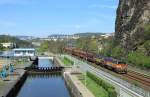 Shortly after departing Usti Nad Labem, 753703 & 753736 pass the lock (and dam) at Strekov as they haul a coal train along the east bank of the River Elbe, 29 April 2015