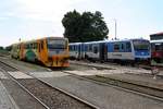 CD 814 068-3/914 068-2/ (als Os 24813, Moravske Budejovice - Znojmo) und 914 010-4 (als Os 24814, Znojmo - Okrisky) am 14.Juli 2018 im Bahnhof Moravske Budejovice.