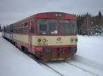 Mit der Bahn zum Wintersport, das klappt auch am anderen Ende der Loipe Holtzau - Moldava , zur Rückfahrt nach Most steht  hier  810 213-91  , ein Beiwagen und ein weiterer TW der Baureihe 810 