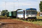 CD 810 212-1 am 10.August 2019 beim Verschub mit den Museumswagen im Bahnhof Telc.