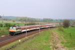 151 023 mit Ex220  Detvan  von Zvolen osobná stanica nach Praha hl.n. am 30.04.2013 bei Dobrikov