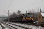 CD Cargo 372 008 befhrt das Gegengleis Richtung Dresden, damit die gleich folgende CD 371 015 mit dem verspteten EC nach Stralsund rechts berholen kann. Heidenau-Sd, 17.01.2013