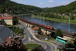 Autoleerzug mit CZ 372 011 in Richtung Děčín. Aufgenommen in Königstein am 10.05.16